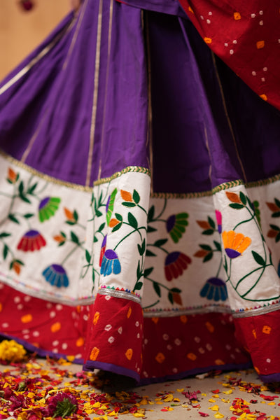 Purple Lehenga with Red Bandhej Dupatta & Embroidered Blouse