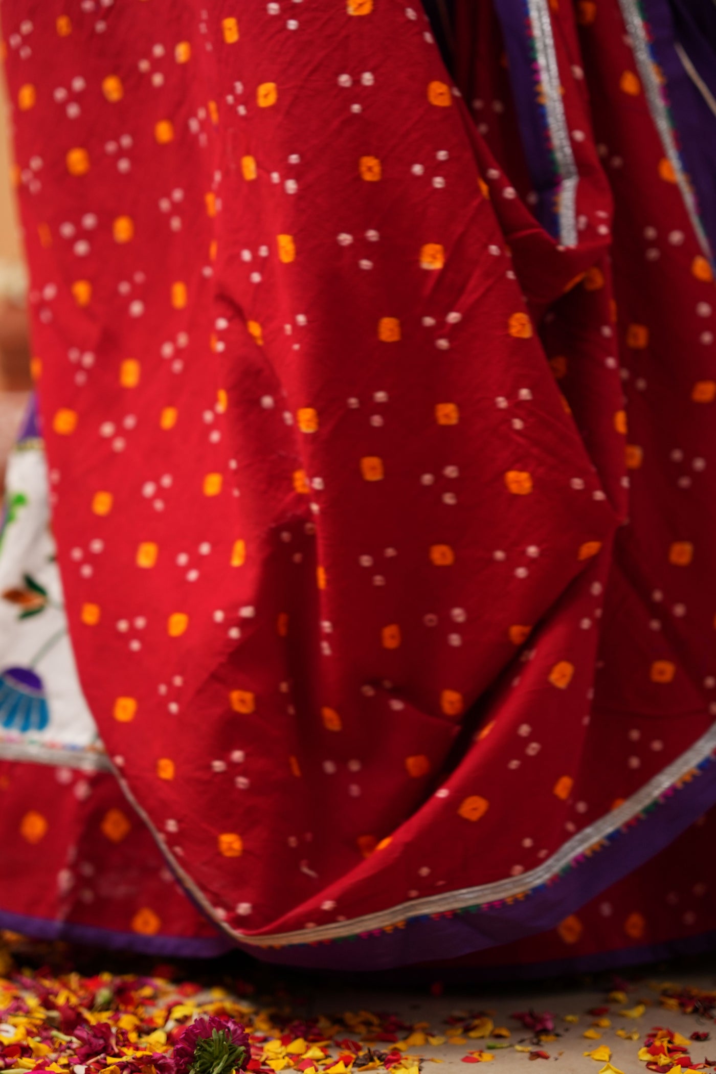 Purple Lehenga with Red Bandhej Dupatta & Embroidered Blouse