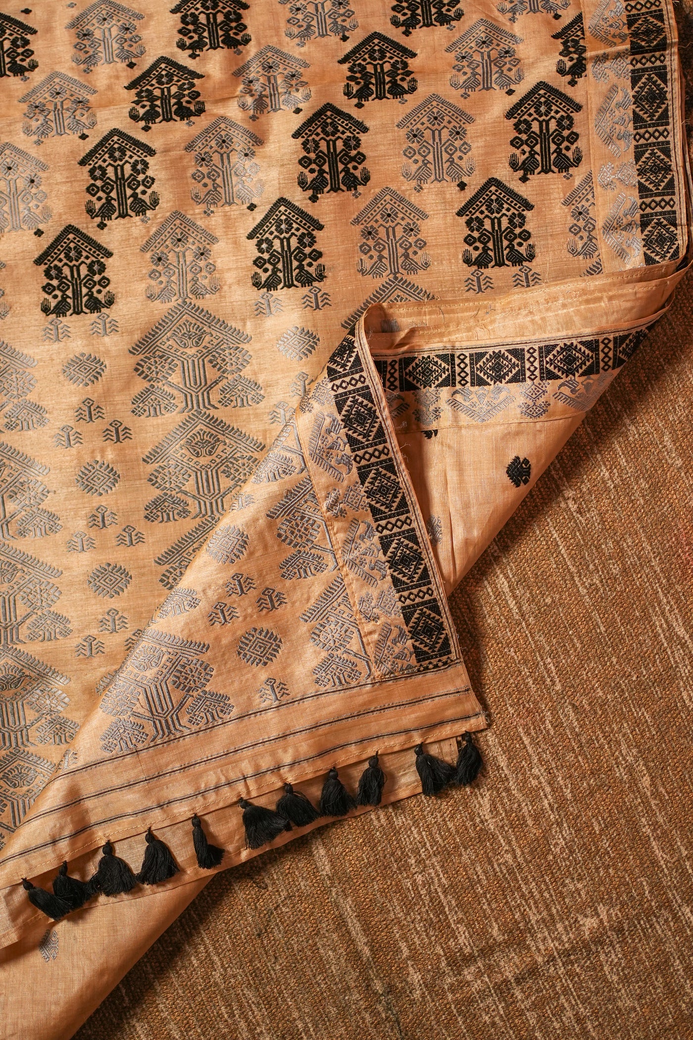 Silver Grey & Black Assam Tussar Silk Saree