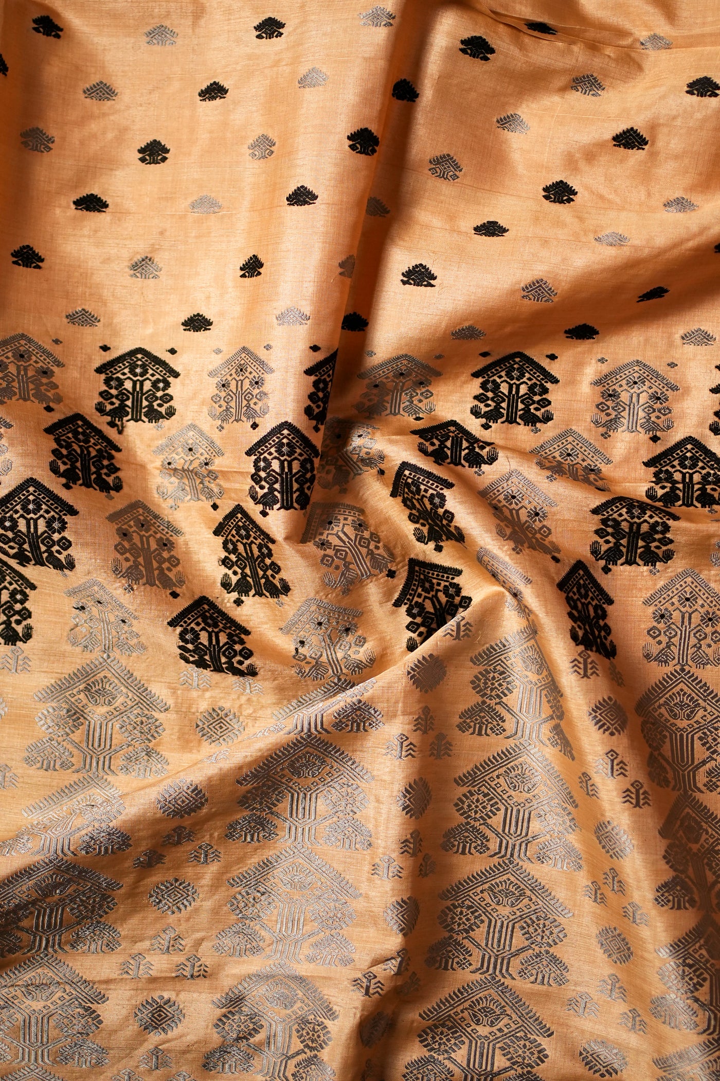 Silver Grey & Black Assam Tussar Silk Saree
