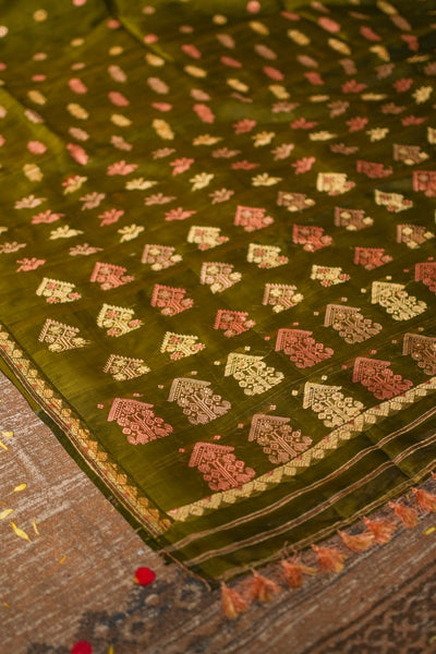Olive Green Handwoven Paat Silk Saree| Pure Assam Mulberry Silk