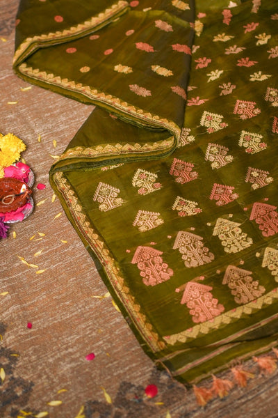 Olive Green Handwoven Paat Silk Saree| Pure Assam Mulberry Silk