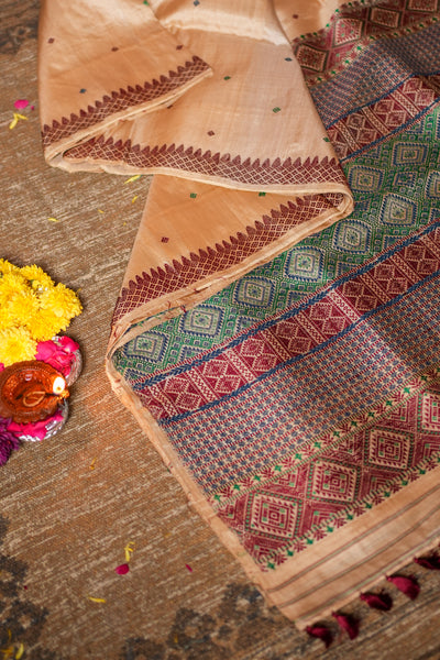 Assam Handloom Pure Tussar Silk Saree – Temple Border Weave in Festive Ivory and Multicolor Pallu