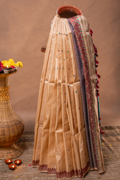 Assam Handloom Pure Tussar Silk Saree – Temple Border Weave in Festive Ivory and Multicolor Pallu