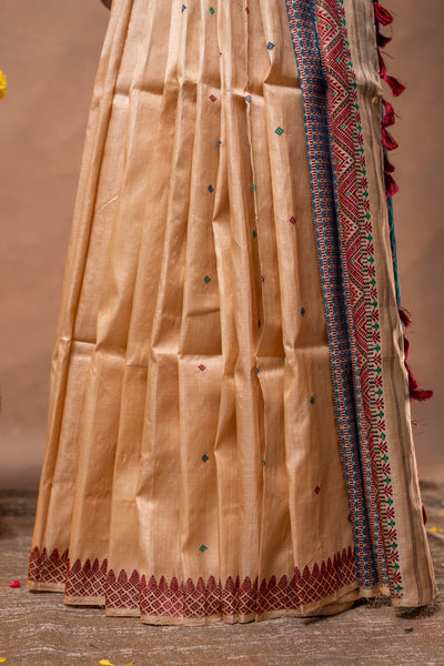 Assam Handloom Pure Tussar Silk Saree – Temple Border Weave in Festive Ivory and Multicolor Pallu