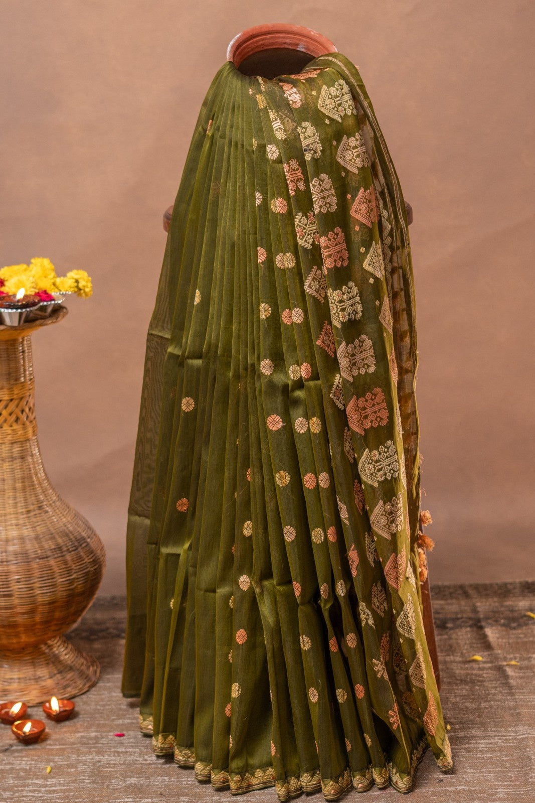 Olive Green Handwoven Paat Silk Saree| Pure Assam Mulberry Silk