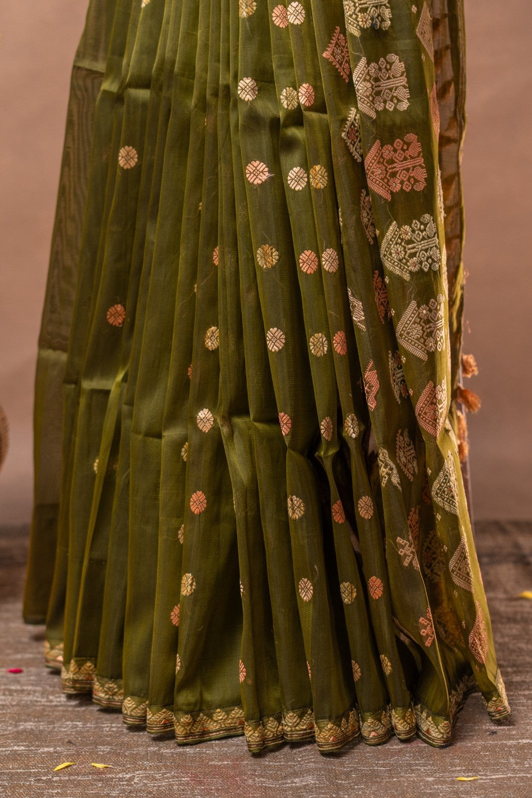 Olive Green Handwoven Paat Silk Saree| Pure Assam Mulberry Silk