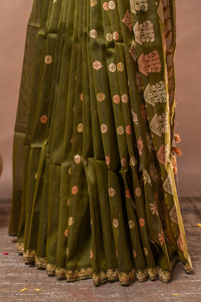 Olive Green Handwoven Paat Silk Saree| Pure Assam Mulberry Silk
