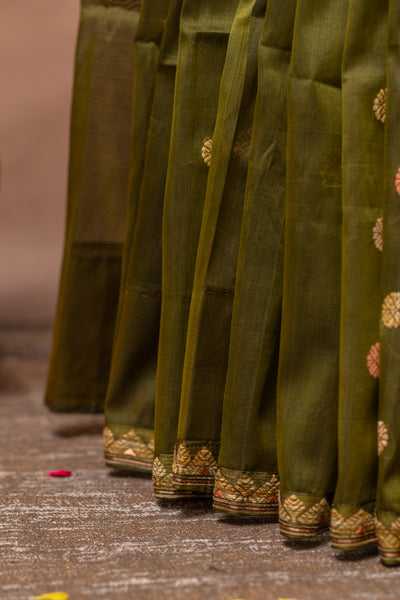 Olive Green Handwoven Paat Silk Saree| Pure Assam Mulberry Silk