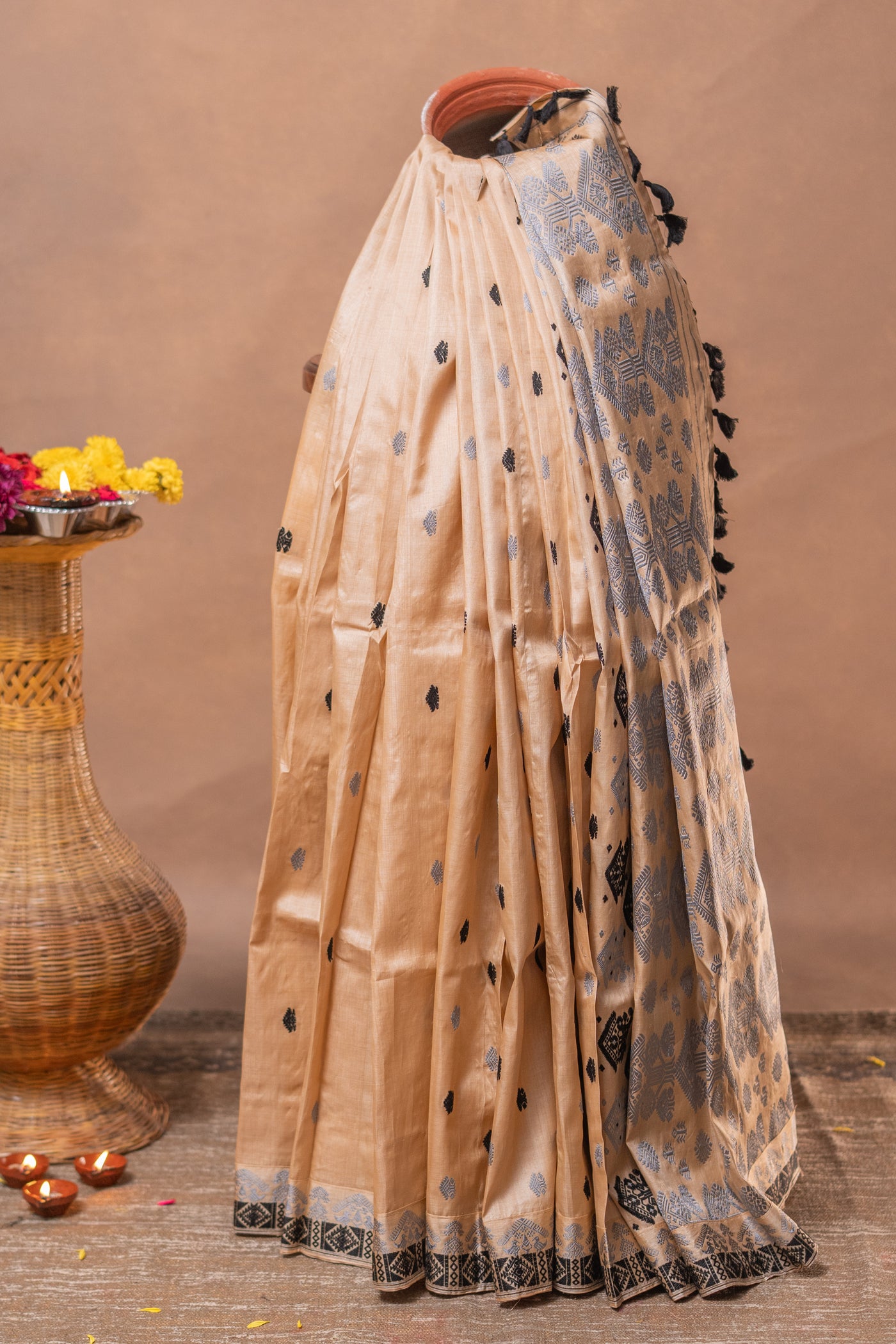 Silver Grey & Black Assam Tussar Silk Saree