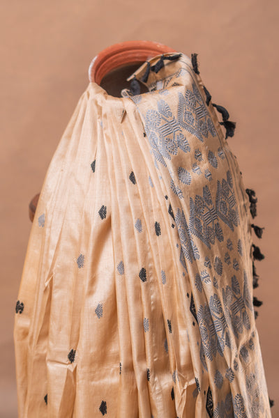 Silver Grey & Black Assam Tussar Silk Saree