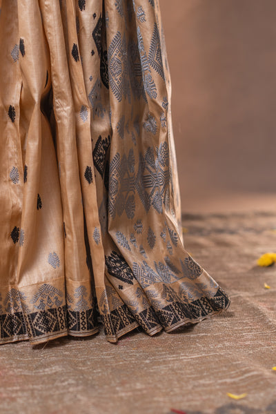Silver Grey & Black Assam Tussar Silk Saree