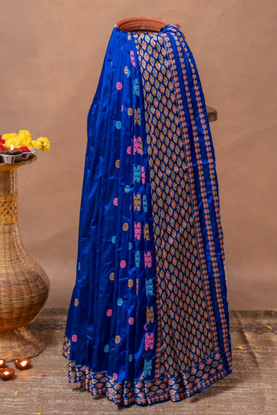 Royal Blue Assam Mulberry Silk Saree – Handwoven with Multicolor Gos Buta Motifs & Minakari Border