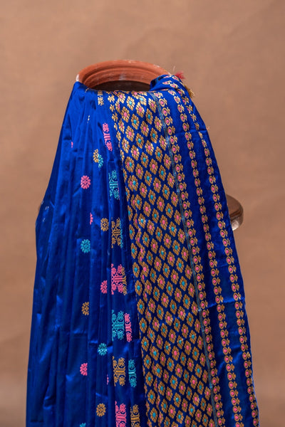 Royal Blue Assam Mulberry Silk Saree – Handwoven with Multicolor Gos Buta Motifs & Minakari Border