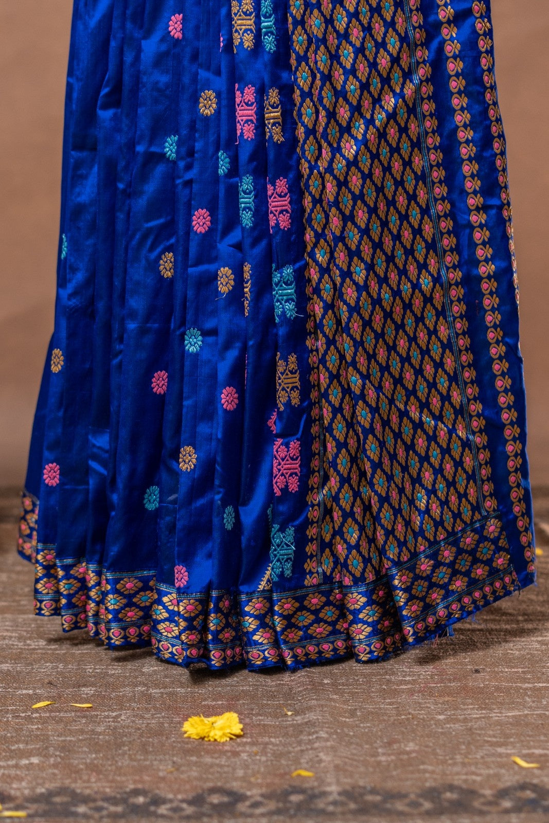 Royal Blue Assam Mulberry Silk Saree – Handwoven with Multicolor Gos Buta Motifs & Minakari Border