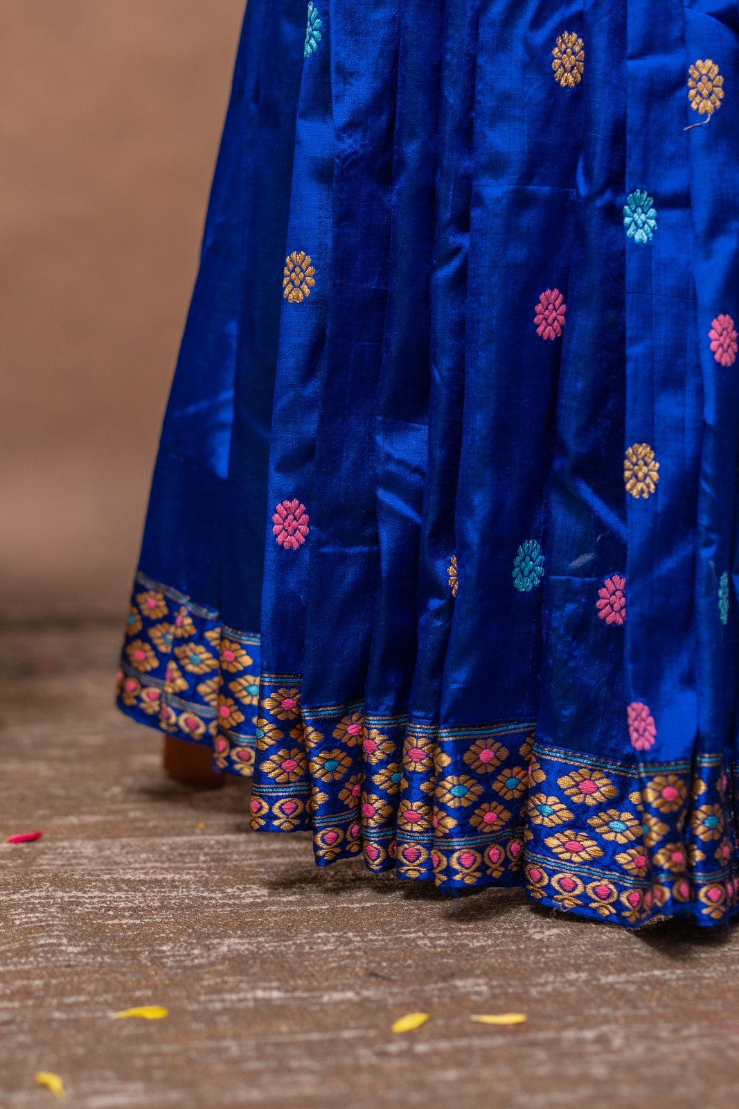Royal Blue Assam Mulberry Silk Saree – Handwoven with Multicolor Gos Buta Motifs & Minakari Border