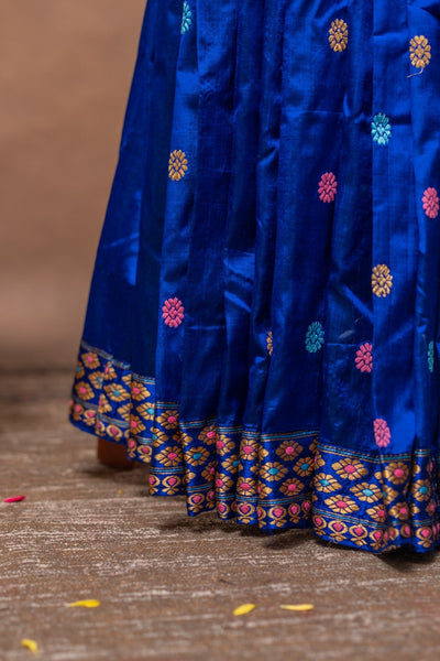 Royal Blue Assam Mulberry Silk Saree – Handwoven with Multicolor Gos Buta Motifs & Minakari Border