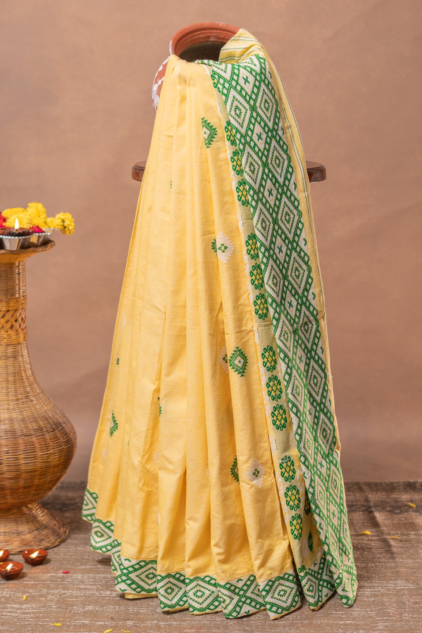 Bright Yellow Assam Cotton Handloom Saree – Mishing Tribe Weave with Traditional Seven Sisters (Saat Bhoni) Design