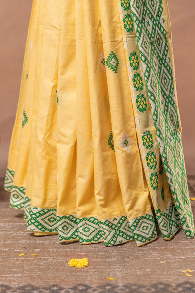 Bright Yellow Assam Cotton Handloom Saree – Mishing Tribe Weave with Traditional Seven Sisters (Saat Bhoni) Design