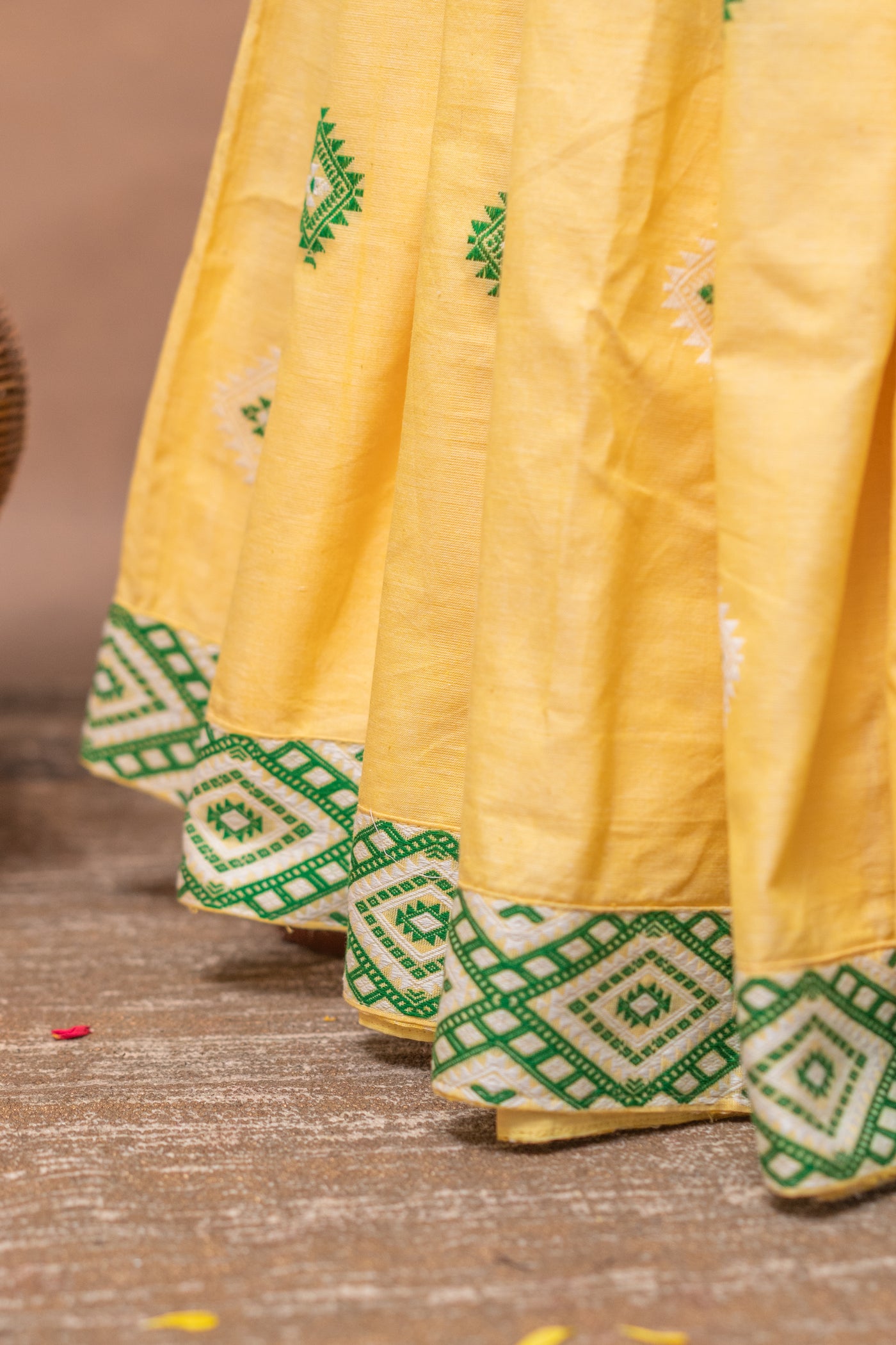 Bright Yellow Assam Cotton Handloom Saree – Mishing Tribe Weave with Traditional Seven Sisters (Saat Bhoni) Design