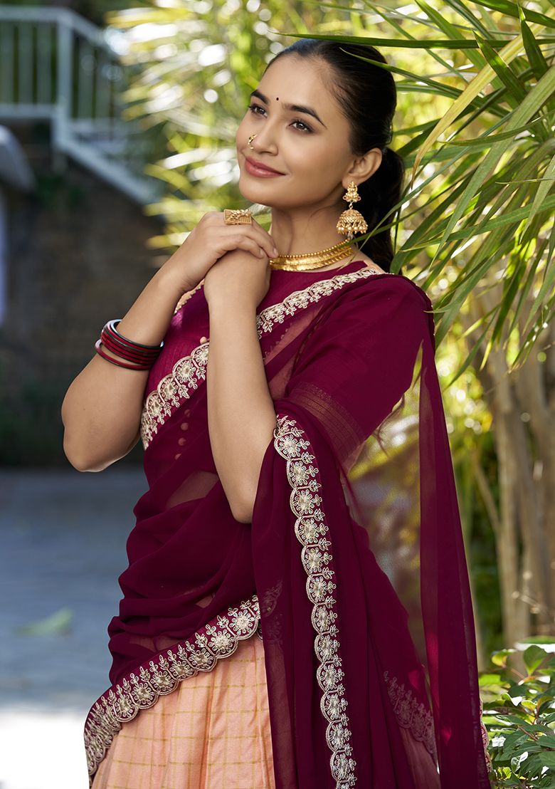 Peach and Maroon Zari Weaving Half Saree Lehenga
