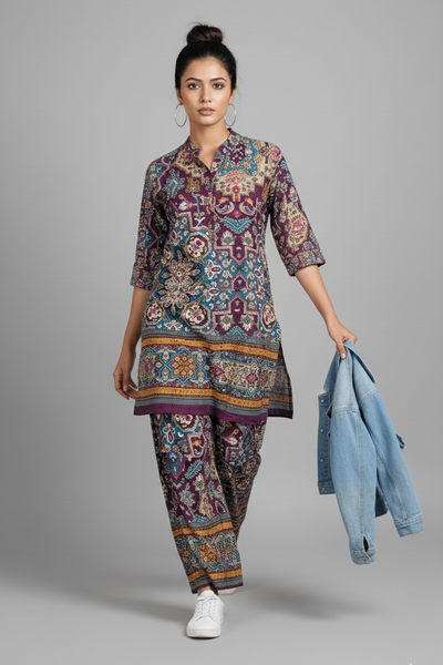 Woman wearing a patterned outfit holding a denim jacket on a gray background