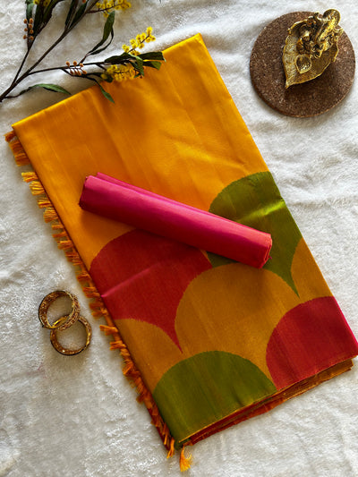 Luxurious Pure Kancheepuram Silk Handloom Saree – Designer Masterpiece in Golden Yellow and Pink