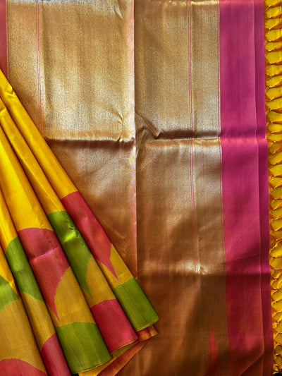 Luxurious Pure Kancheepuram Silk Handloom Saree – Designer Masterpiece in Golden Yellow and Pink