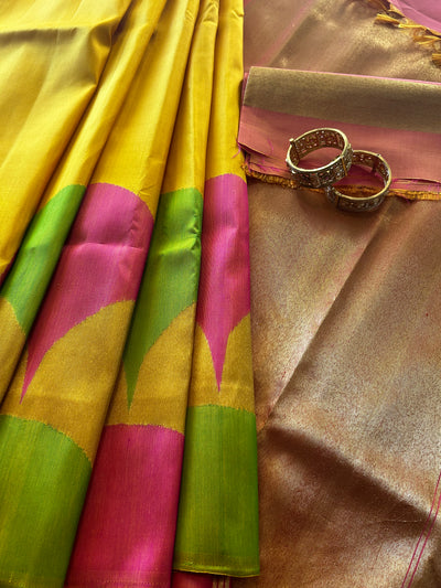 Luxurious Pure Kancheepuram Silk Handloom Saree – Designer Masterpiece in Golden Yellow and Pink