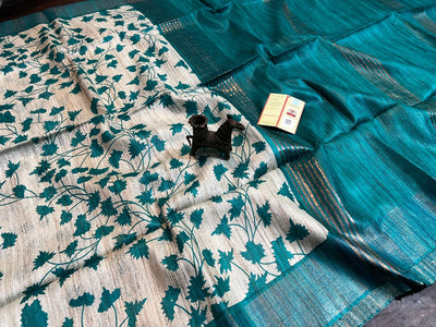 Handwoven Pure Tussar Ghicha Silk Saree – Ivory & Teal with Floral Block Prints