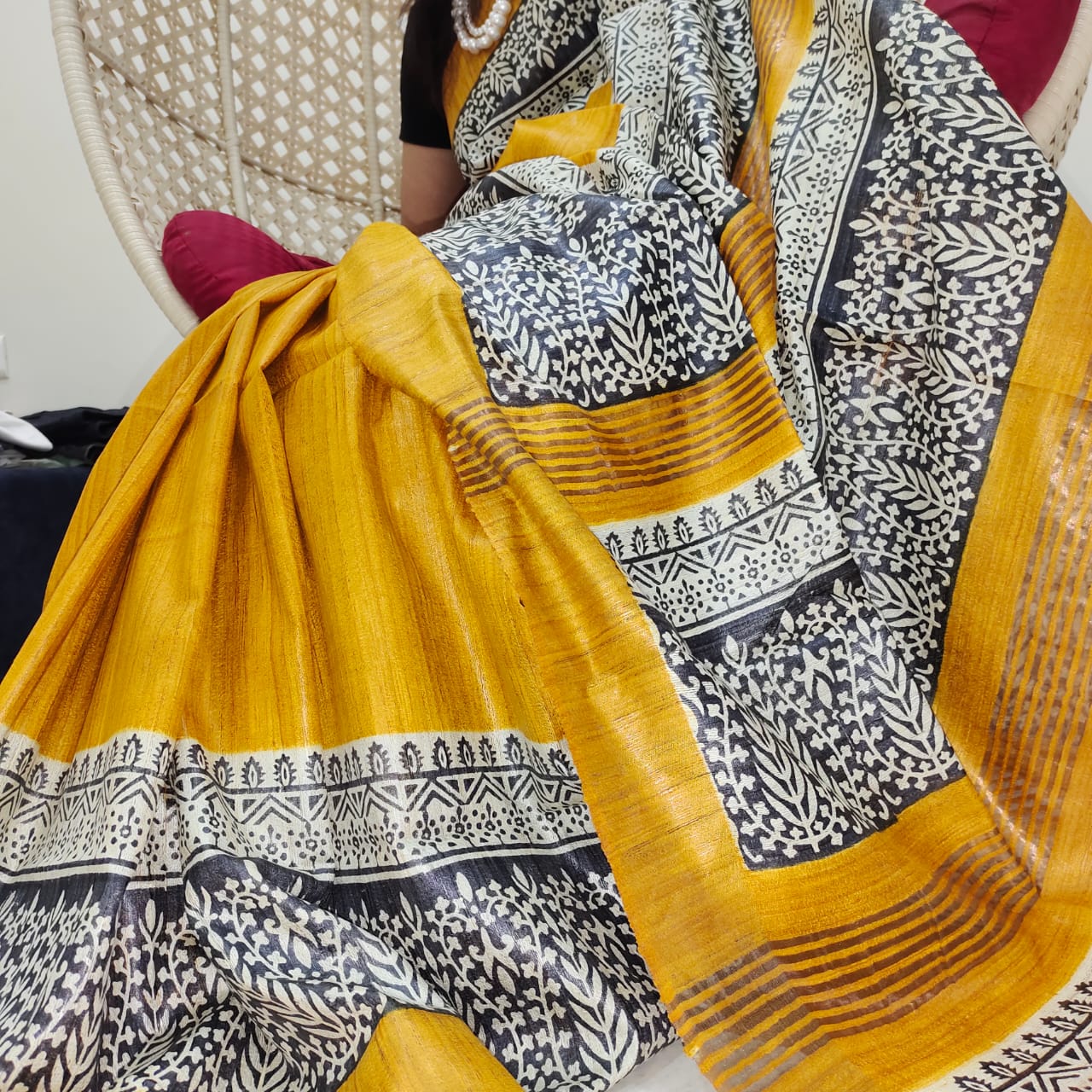 Mustard Pure Tussar Ghicha Silk Saree – Handcrafted Elegance in Mustard & Black Block Print