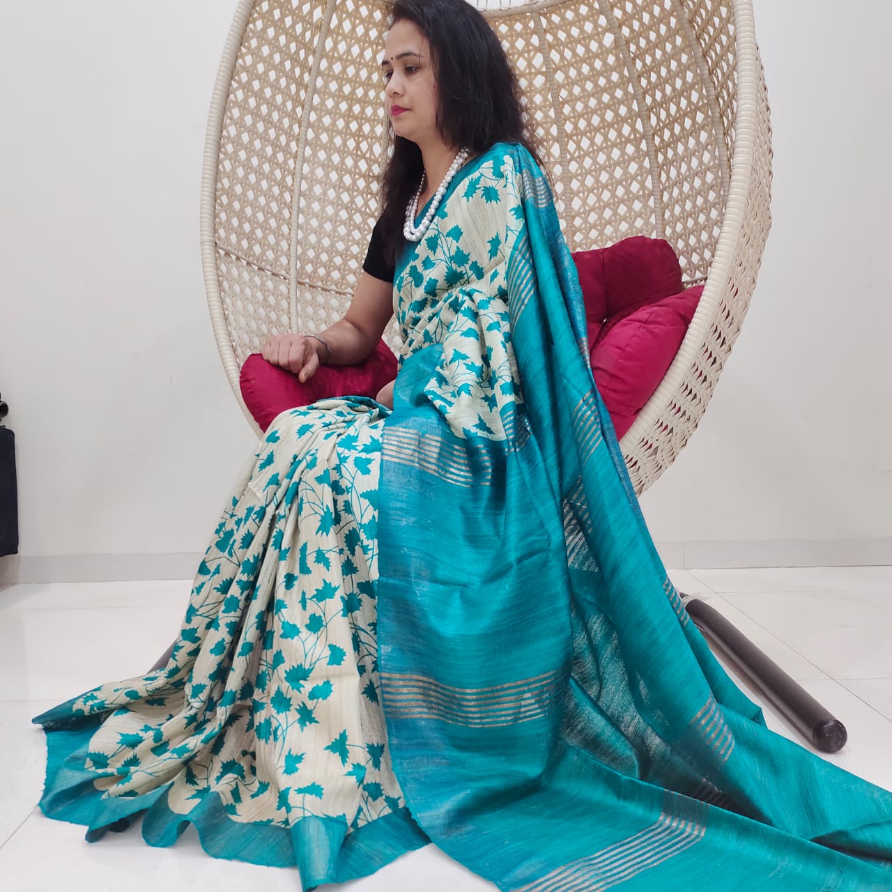 Handwoven Pure Tussar Ghicha Silk Saree – Ivory & Teal with Floral Block Prints