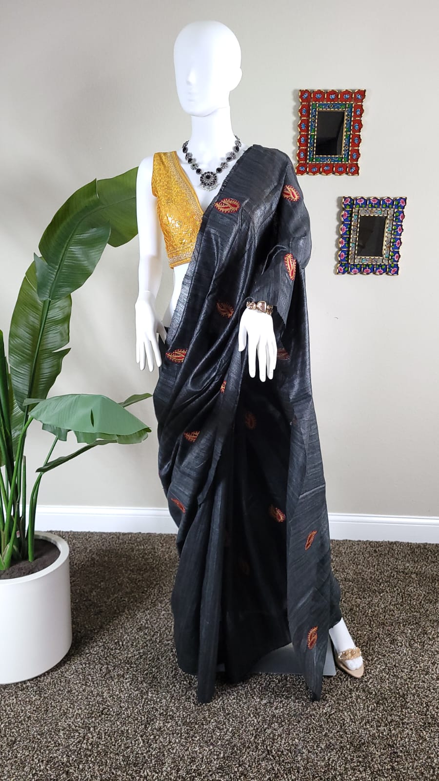 Smoky Black Ghicha Silk embroidery saree