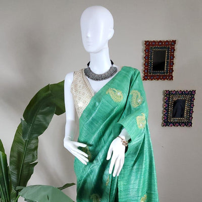 Pistachio Green Ghicha Tussar Silk Borderless Embroidered Saree