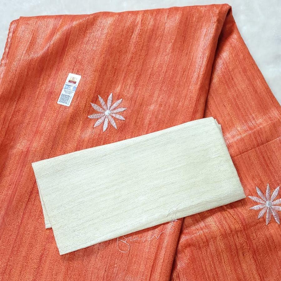 Sunrise Orange Ghicha silk embroidery saree