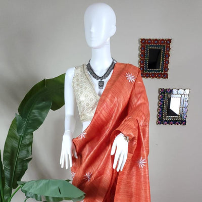 Sunrise Orange Ghicha silk embroidery saree