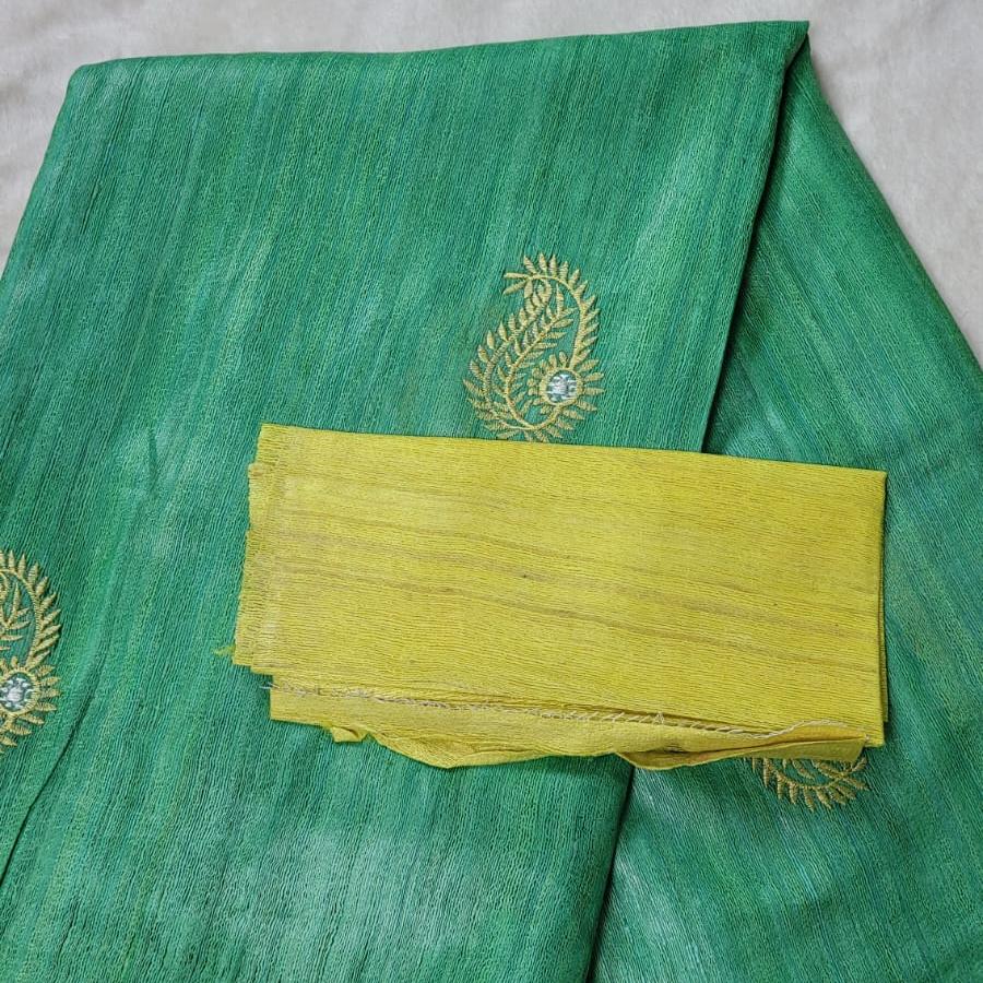 Pistachio Green Ghicha Tussar Silk Borderless Embroidered Saree