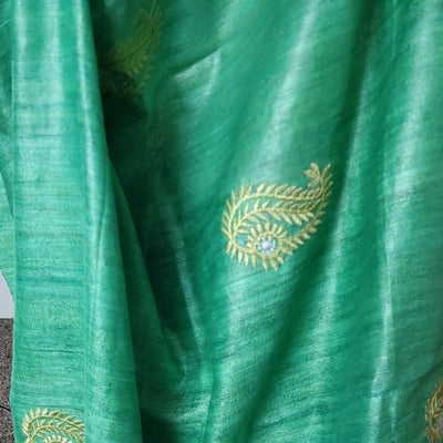 Pistachio Green Ghicha Tussar Silk Borderless Embroidered Saree