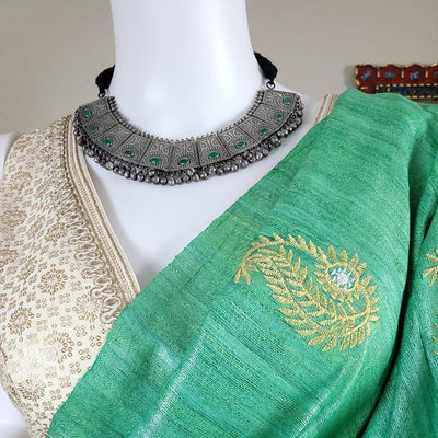 Pistachio Green Ghicha Tussar Silk Borderless Embroidered Saree