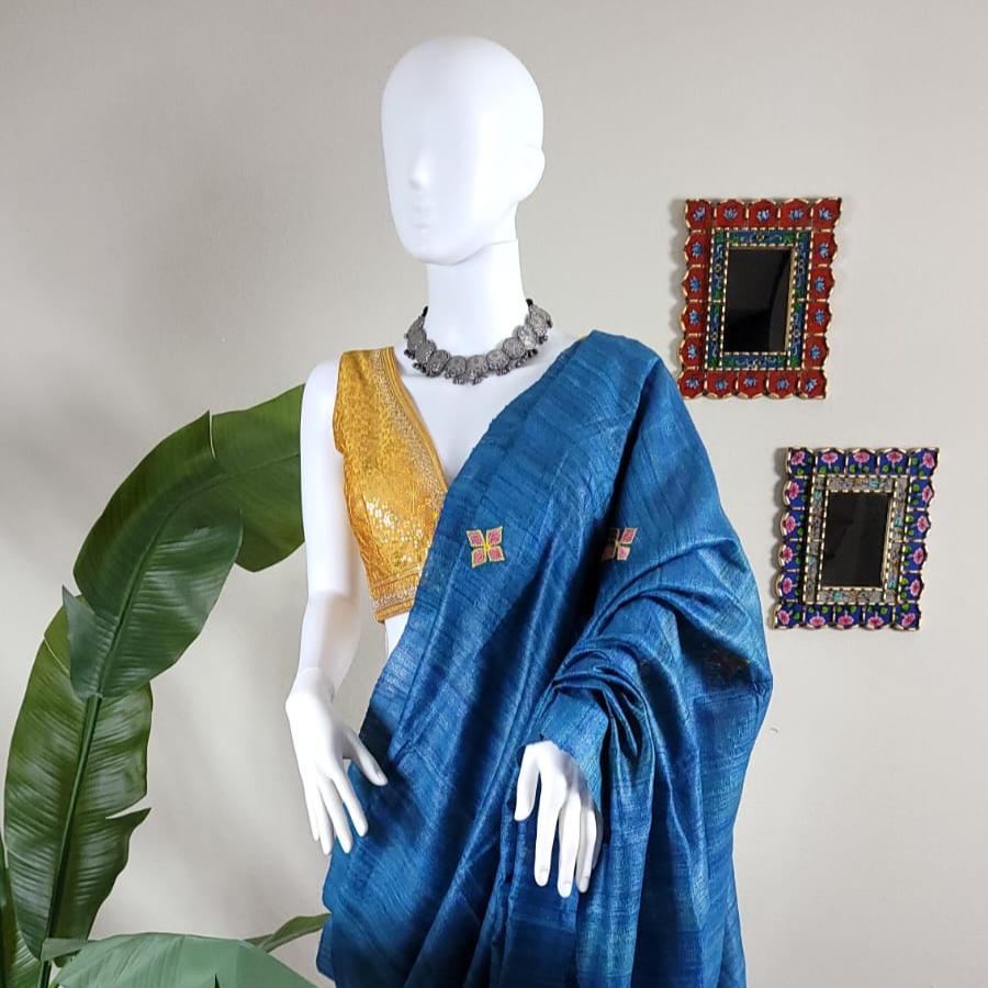 Blue Ghicha Tussar Silk Embroidery Saree