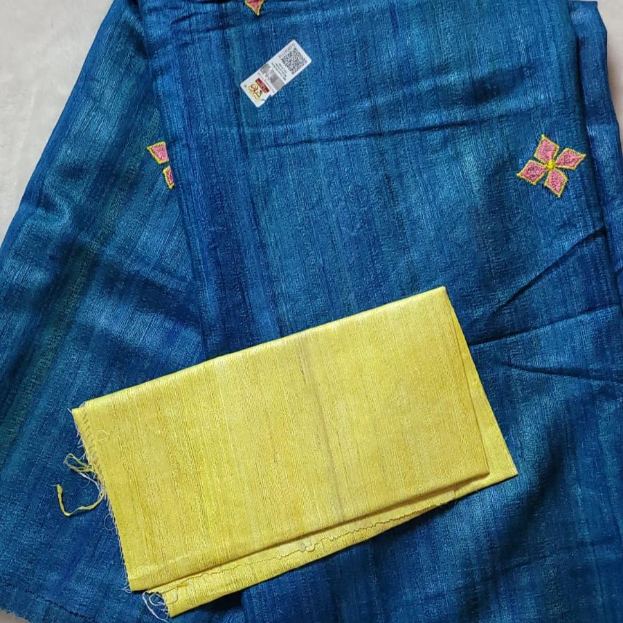 Blue Ghicha Tussar Silk Embroidery Saree