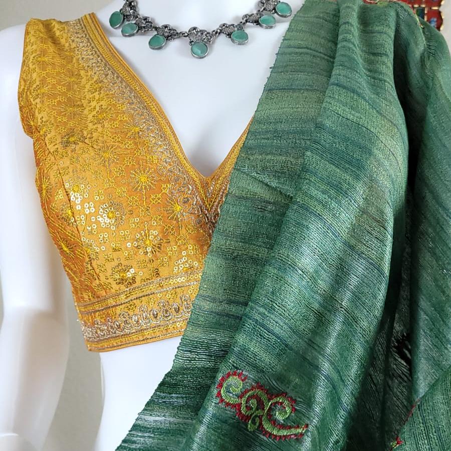 Forest Green Ghicha silk embroidery saree