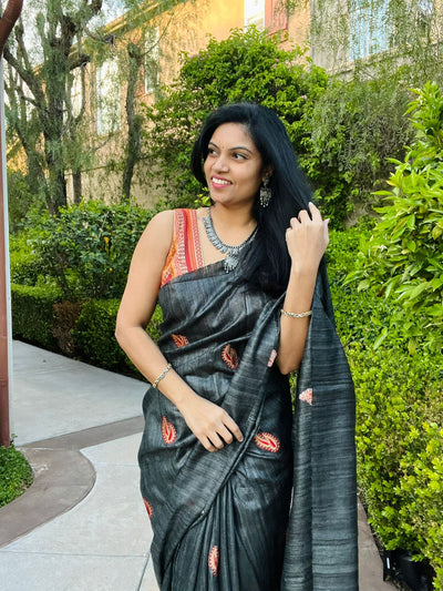 Smoky Black Ghicha Silk embroidery saree