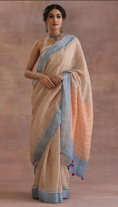 Pure Organic Linen Premium Quality Digital Print Stripes Saree in Baby Blue Shade