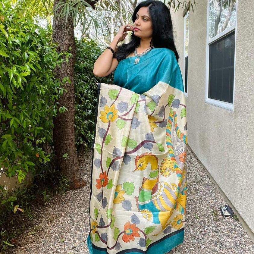 Hand-Painted Pen Kalamkari Tussar Silk Saree – Elegant Floral & Peacock Design for Festive & Casual Wear