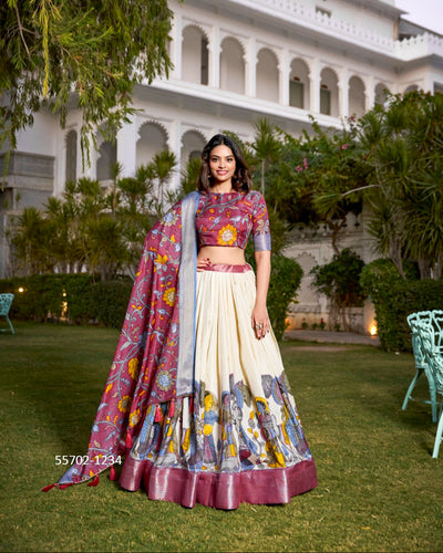 Pink Jacquard Silk Kalamkari Printed Lehenga Choli