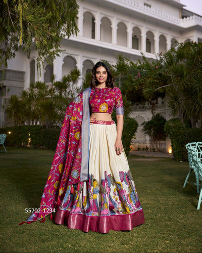 Pink Jacquard Silk Kalamkari Printed Lehenga Choli