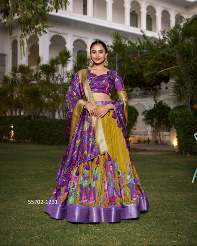 Lavender Jacquard Silk Kalamkari Printed Lehenga Choli