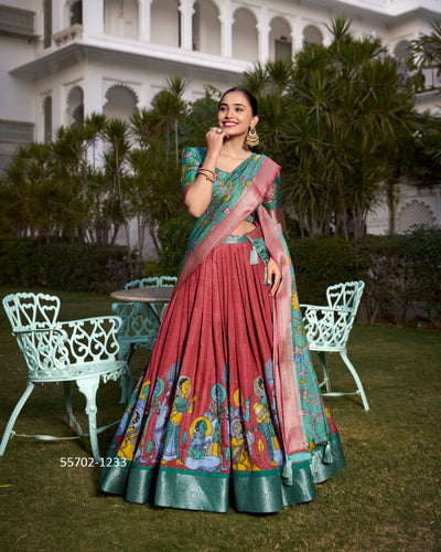 Green Jacquard Silk Kalamkari Printed Lehenga Choli