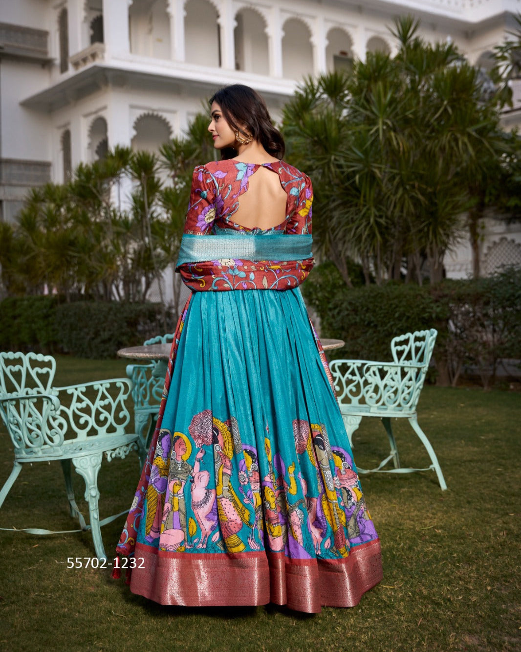 Brown with Firozi Jacquard Silk Kalamkari Printed Lehenga Choli